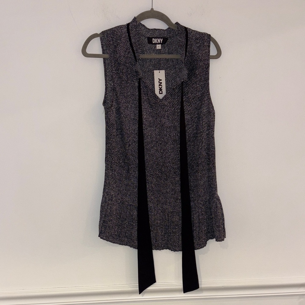 DKNY Black and Gray Tie-Neck Sleeveless top